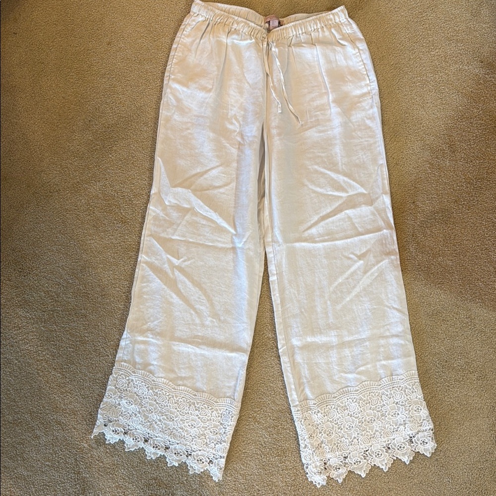 Saint Tropez West Linen White Wide Leg Lace Trim Pants